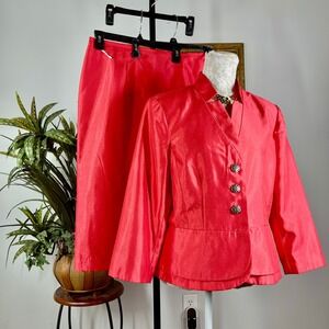 Nicolette Skirt Suit Women 14 Red Polyester Faux Silk Peplum Jacket Set